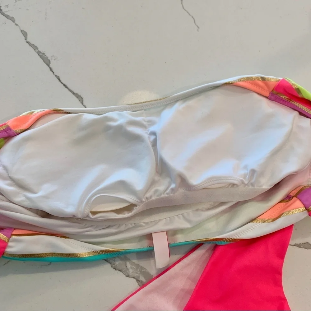 🌞 NWOT VS 2-Piece Set Rainbow Soiree Foil Gold Stripe Off-Shoulder Swimsuit